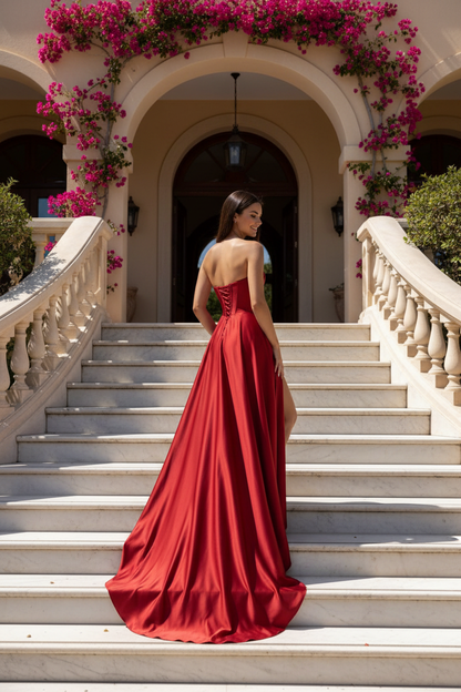 Vestido corset satén cereza vista trasera subiendo escaleras mármol villa