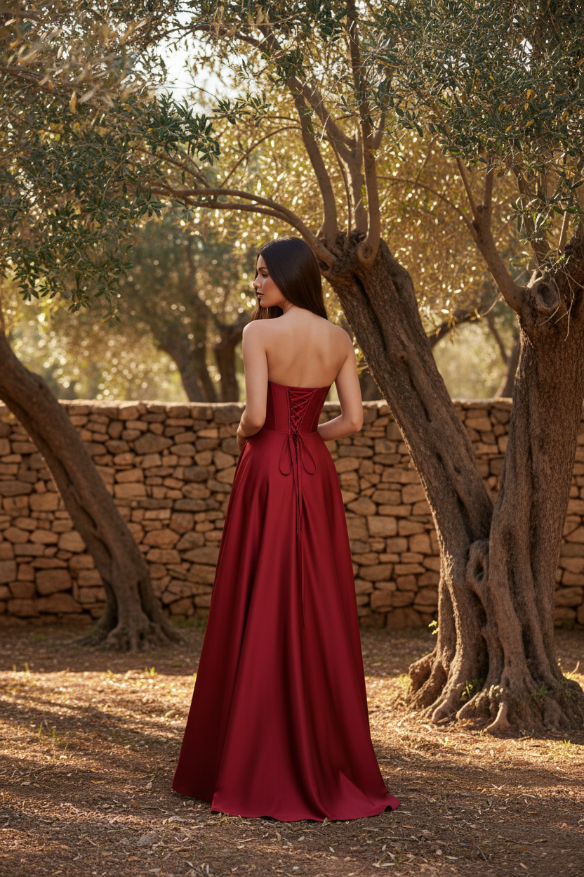 Vestido corset satén cereza vista trasera en olivar mediterráneo