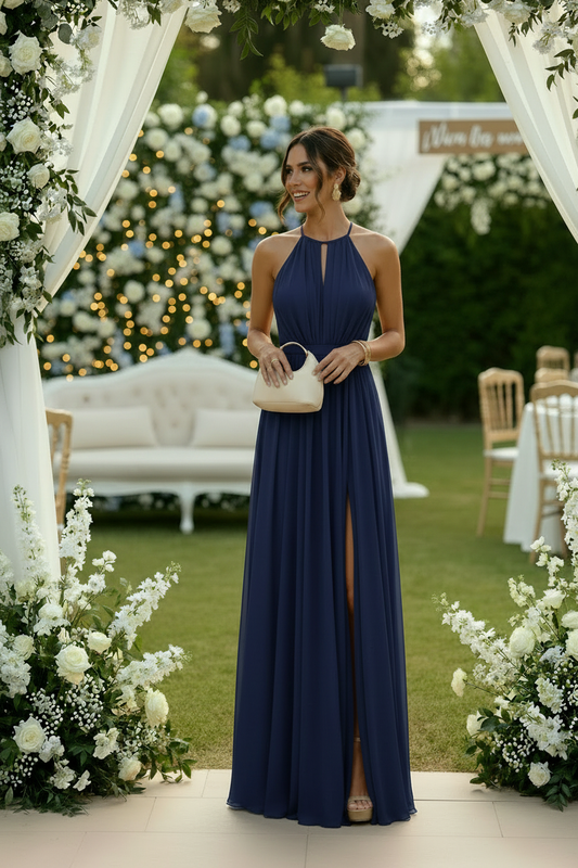 Vestido largo azul marino halter - vista frontal boda