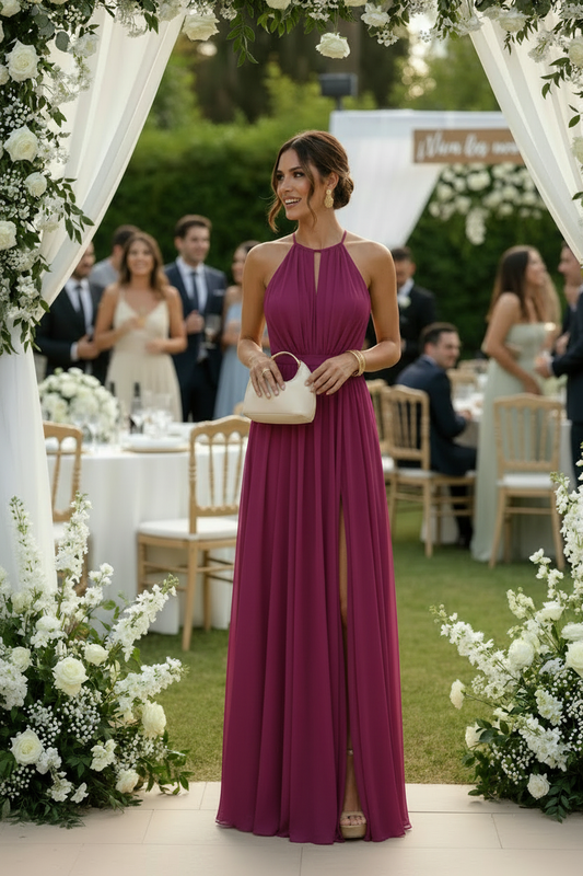 Vestido largo buganvilla halter - vista frontal boda