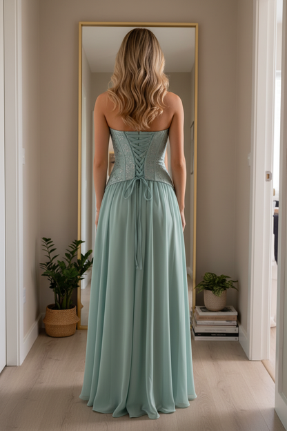 Vestido verde agua corset - de espaldas espejo casa
