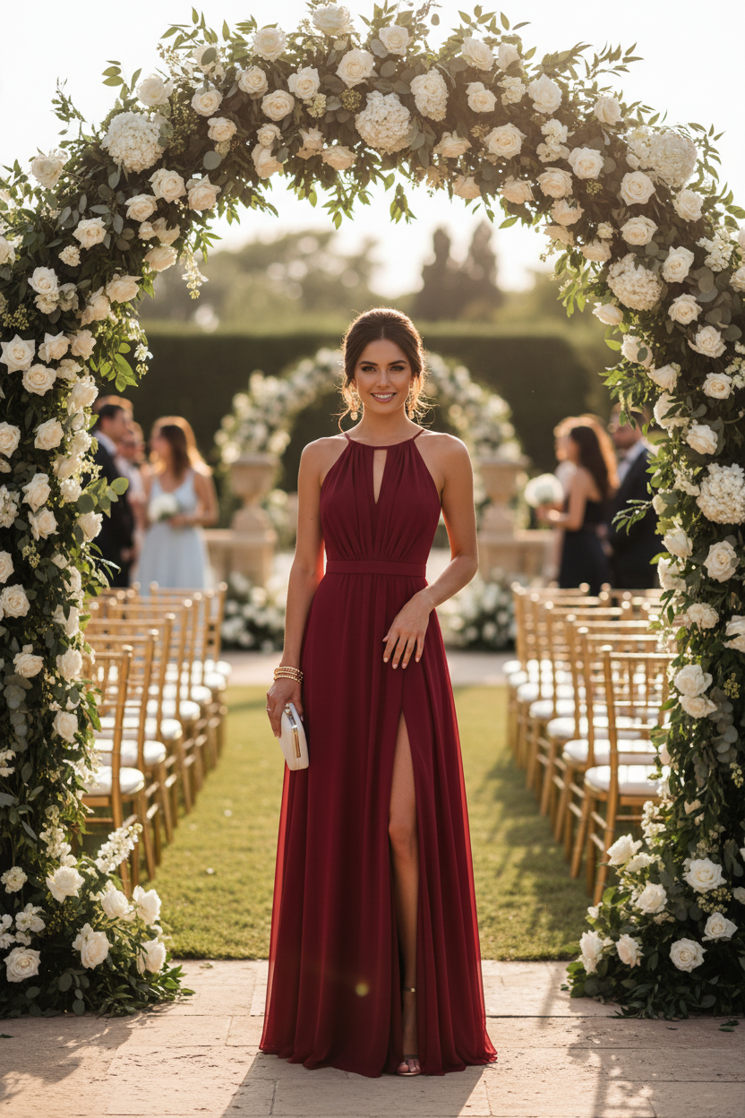 Vestido largo burdeos halter - vista frontal boda