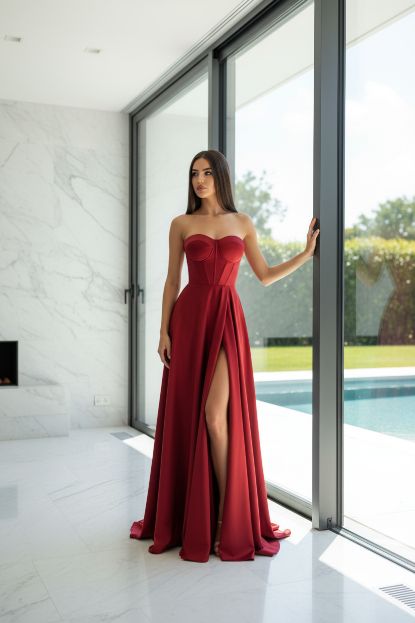 Vestido corset satén cereza interior villa de lujo ventanales piscina