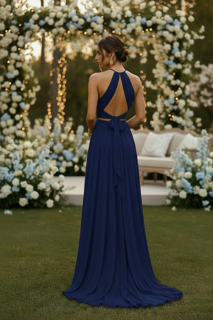 Vestido largo azul marino halter - vista espalda boda