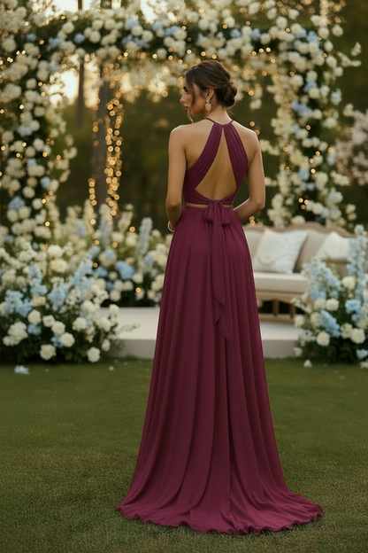 Vestido largo burdeos halter - vista espalda boda